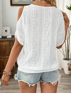 New Women's White Elegant Lace Tops Eyelet Blouse Stylish Casual Solid Color Regular Tops Half Sleeve Crew Neck Loose Fit Daily Romantic Petite Tops Summer Holiday Wear Going out White Blue Spring Fall Women Lace Tops