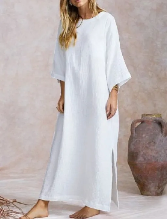Hot Women's khaki Spring Fall Autumn Maxi Dress Dress Casual Dress Cotton Summer Dress Basic Casual Outdoor Daily Loose Fit Pure Color Crew Neck Women White Dresses