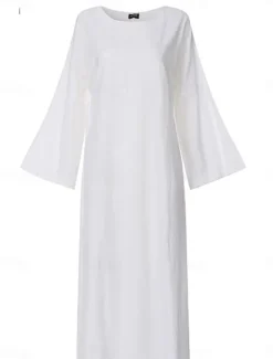 Hot Women's khaki Spring Fall Autumn Maxi Dress Dress Casual Dress Cotton Summer Dress Basic Casual Outdoor Daily Loose Fit Pure Color Crew Neck Women White Dresses