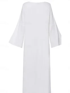 Hot Women's khaki Spring Fall Autumn Maxi Dress Dress Casual Dress Cotton Summer Dress Basic Casual Outdoor Daily Loose Fit Pure Color Crew Neck Women White Dresses
