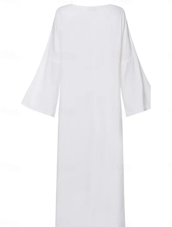 Hot Women's khaki Spring Fall Autumn Maxi Dress Dress Casual Dress Cotton Summer Dress Basic Casual Outdoor Daily Loose Fit Pure Color Crew Neck Women White Dresses