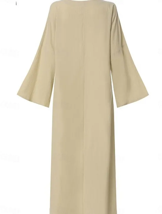 Hot Women's khaki Spring Fall Autumn Maxi Dress Dress Casual Dress Cotton Summer Dress Basic Casual Outdoor Daily Loose Fit Pure Color Crew Neck Women White Dresses