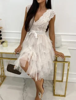 Outlet Women's White Lace Wedding Dress Boho Chic Dresses Boho Wedding Guest Dress Mini Dress Layered with Sleeve Wedding Date Vacation A Line V Neck Sleeveless Black White Pink Color Women White Dresses|Cocktail Dress