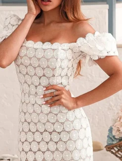 New Women's White Lace Wedding Dress with Sleeve Square Neck Short Sleeve Midi Dress Party Gift Elegant Black White Summer Spring Women White Dresses