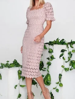 New Women's White Lace Wedding Dress with Sleeve Square Neck Short Sleeve Midi Dress Party Gift Elegant Black White Summer Spring Women White Dresses