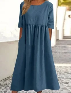 Women's White Navy Blue Blue Summer Spring Midi Dress Linen-Inspired Dresses Casual Dress Cotton Linen Dress Basic Modern Daily Weekend Loose Fit Plain Shirt Collar Women Dresses