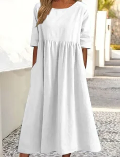Women's White Navy Blue Blue Summer Spring Midi Dress Linen-Inspired Dresses Casual Dress Cotton Linen Dress Basic Modern Daily Weekend Loose Fit Plain Shirt Collar Women Dresses
