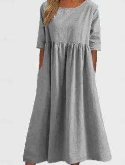 Women's White Navy Blue Blue Summer Spring Midi Dress Linen-Inspired Dresses Casual Dress Cotton Linen Dress Basic Modern Daily Weekend Loose Fit Plain Shirt Collar Women Dresses