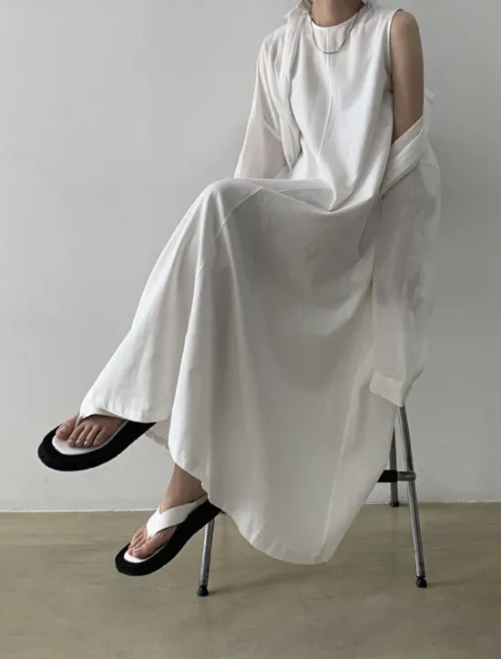Hot Women's White Navy Blue Blue Summer Spring Maxi Dress Cotton Linen Dresses Casual Dress Tank Dress Basic Modern Daily Weekend Loose Fit Plain Crew Neck Shirt Collar Women Dresses