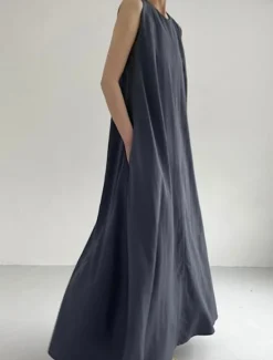 Hot Women's White Navy Blue Blue Summer Spring Maxi Dress Cotton Linen Dresses Casual Dress Tank Dress Basic Modern Daily Weekend Loose Fit Plain Crew Neck Shirt Collar Women Dresses