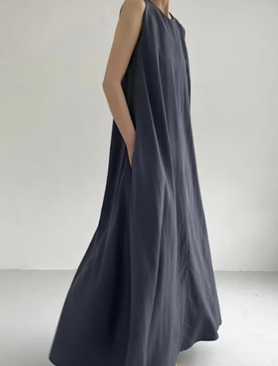Hot Women's White Navy Blue Blue Summer Spring Maxi Dress Cotton Linen Dresses Casual Dress Tank Dress Basic Modern Daily Weekend Loose Fit Plain Crew Neck Shirt Collar Women Dresses