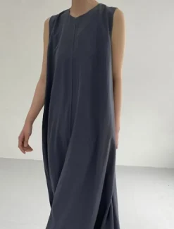 Hot Women's White Navy Blue Blue Summer Spring Maxi Dress Cotton Linen Dresses Casual Dress Tank Dress Basic Modern Daily Weekend Loose Fit Plain Crew Neck Shirt Collar Women Dresses