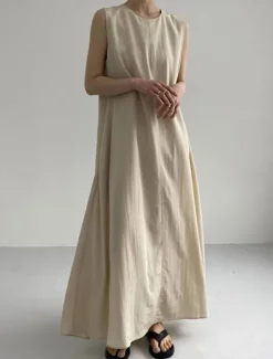 Hot Women's White Navy Blue Blue Summer Spring Maxi Dress Cotton Linen Dresses Casual Dress Tank Dress Basic Modern Daily Weekend Loose Fit Plain Crew Neck Shirt Collar Women Dresses
