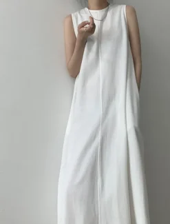 Hot Women's White Navy Blue Blue Summer Spring Maxi Dress Cotton Linen Dresses Casual Dress Tank Dress Basic Modern Daily Weekend Loose Fit Plain Crew Neck Shirt Collar Women Dresses
