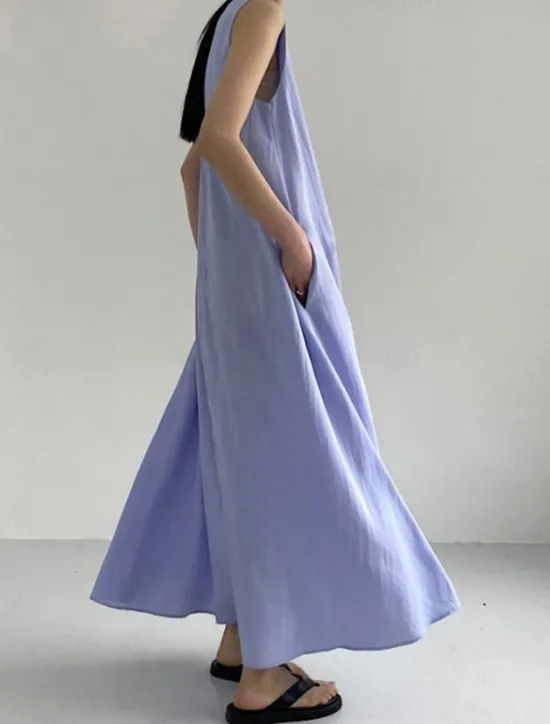 Hot Women's White Navy Blue Blue Summer Spring Maxi Dress Cotton Linen Dresses Casual Dress Tank Dress Basic Modern Daily Weekend Loose Fit Plain Crew Neck Shirt Collar Women Dresses