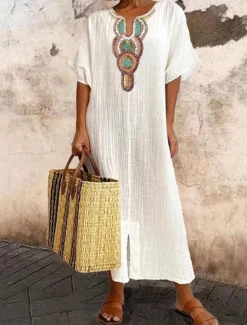Discount Women's White Pink Blue Summer Spring Long Dress Maxi Dress White Dress Cotton Linen Dresses Casual Dress Basic Casual Outdoor Daily Holiday Regular Fit Geometric V Neck Women Dresses