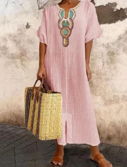 Discount Women's White Pink Blue Summer Spring Long Dress Maxi Dress White Dress Cotton Linen Dresses Casual Dress Basic Casual Outdoor Daily Holiday Regular Fit Geometric V Neck Women Dresses