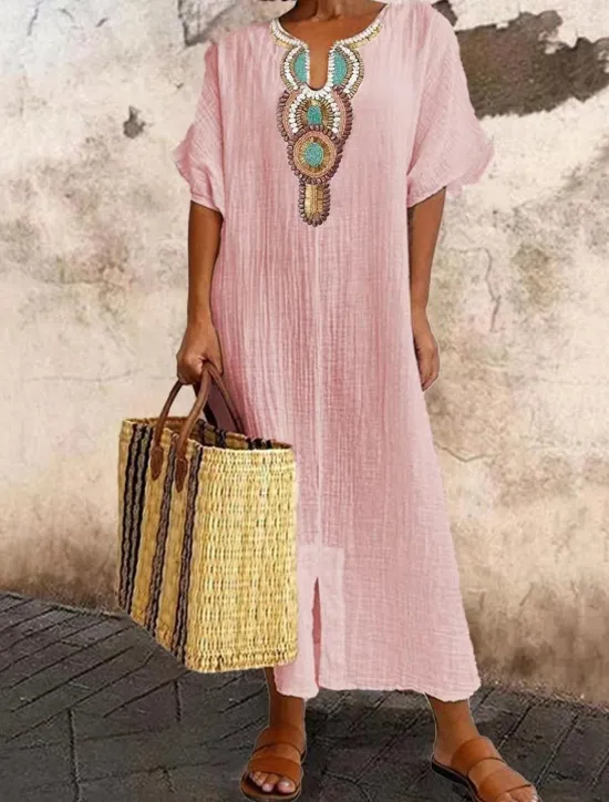 Discount Women's White Pink Blue Summer Spring Long Dress Maxi Dress White Dress Cotton Linen Dresses Casual Dress Basic Casual Outdoor Daily Holiday Regular Fit Geometric V Neck Women Dresses
