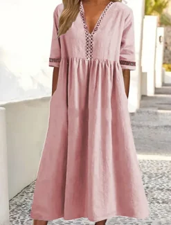 Clearance Women's White Pink Blue Summer Spring Midi Dress Cotton Linen Dresses Casual Dress Basic Modern Daily Weekend Loose Fit Plain V Neck Women Dresses