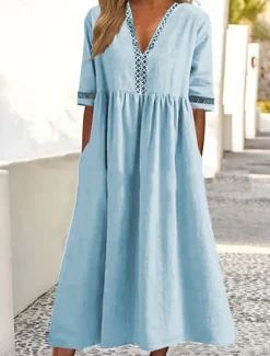 Clearance Women's White Pink Blue Summer Spring Midi Dress Cotton Linen Dresses Casual Dress Basic Modern Daily Weekend Loose Fit Plain V Neck Women Dresses