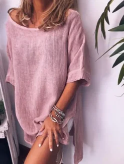 Online Women's White Pink Blue Summer Mini Dress Linen-Inspired Dresses Shirt Dress Cotton Summer Dress Basic Daily Weekend Loose Fit Plain Crew Neck Women Dresses