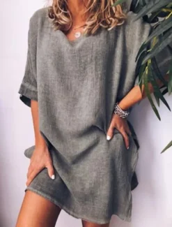 Online Women's White Pink Blue Summer Mini Dress Linen-Inspired Dresses Shirt Dress Cotton Summer Dress Basic Daily Weekend Loose Fit Plain Crew Neck Women Dresses