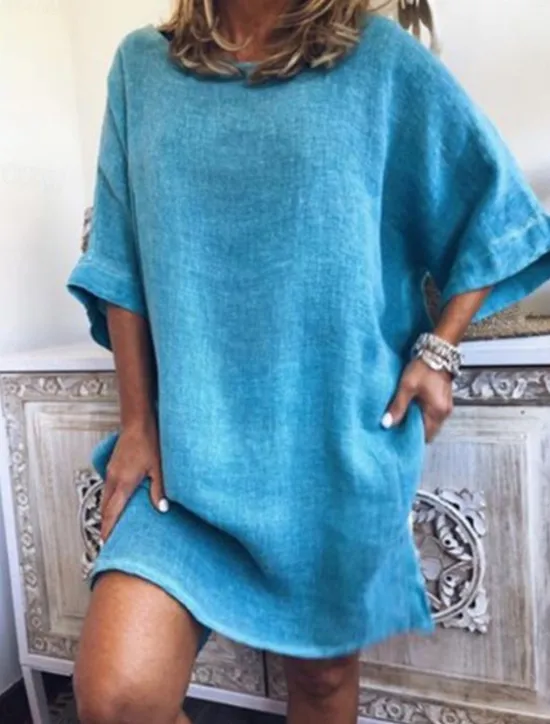 Online Women's White Pink Blue Summer Mini Dress Linen-Inspired Dresses Shirt Dress Cotton Summer Dress Basic Daily Weekend Loose Fit Plain Crew Neck Women Dresses