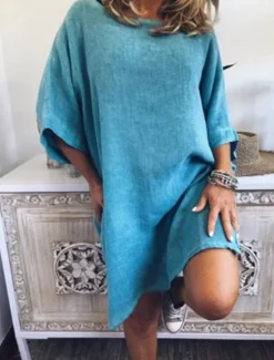 Online Women's White Pink Blue Summer Mini Dress Linen-Inspired Dresses Shirt Dress Cotton Summer Dress Basic Daily Weekend Loose Fit Plain Crew Neck Women Dresses