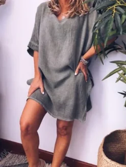 Online Women's White Pink Blue Summer Mini Dress Linen-Inspired Dresses Shirt Dress Cotton Summer Dress Basic Daily Weekend Loose Fit Plain Crew Neck Women Dresses
