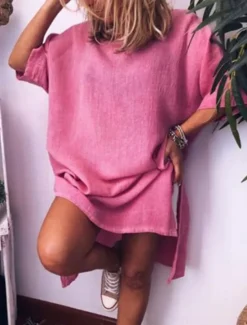 Online Women's White Pink Blue Summer Mini Dress Linen-Inspired Dresses Shirt Dress Cotton Summer Dress Basic Daily Weekend Loose Fit Plain Crew Neck Women Dresses