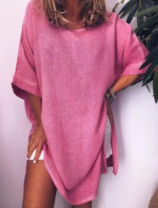 Online Women's White Pink Blue Summer Mini Dress Linen-Inspired Dresses Shirt Dress Cotton Summer Dress Basic Daily Weekend Loose Fit Plain Crew Neck Women Dresses