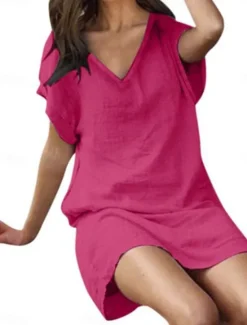 Online Women's White Pink Blue Summer Mini Dress Linen-Inspired Dresses Shirt Dress Cotton Summer Dress Basic Daily Weekend Loose Fit Plain Crew Neck Women Dresses