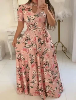 Hot Women's White Pink Red Summer Maxi Dress A Line Dress Semi Formal Outdoor Vacation Regular Fit Floral Turtleneck Women Sundresses