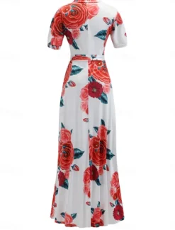 Hot Women's White Pink Red Summer Maxi Dress A Line Dress Semi Formal Outdoor Vacation Regular Fit Floral Turtleneck Women Sundresses