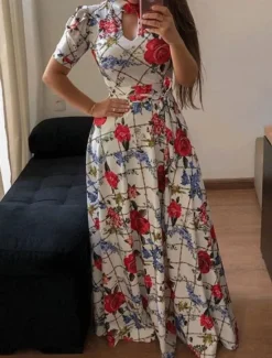 Hot Women's White Pink Red Summer Maxi Dress A Line Dress Semi Formal Outdoor Vacation Regular Fit Floral Turtleneck Women Sundresses