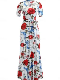 Hot Women's White Pink Red Summer Maxi Dress A Line Dress Semi Formal Outdoor Vacation Regular Fit Floral Turtleneck Women Sundresses