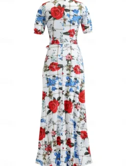 Hot Women's White Pink Red Summer Maxi Dress A Line Dress Semi Formal Outdoor Vacation Regular Fit Floral Turtleneck Women Sundresses