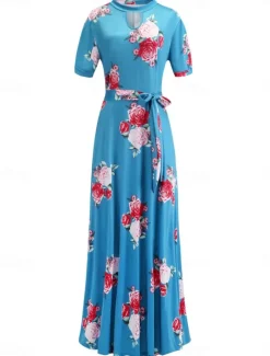 Hot Women's White Pink Red Summer Maxi Dress A Line Dress Semi Formal Outdoor Vacation Regular Fit Floral Turtleneck Women Sundresses