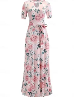 Hot Women's White Pink Red Summer Maxi Dress A Line Dress Semi Formal Outdoor Vacation Regular Fit Floral Turtleneck Women Sundresses