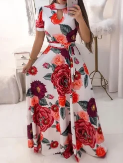 Hot Women's White Pink Red Summer Maxi Dress A Line Dress Semi Formal Outdoor Vacation Regular Fit Floral Turtleneck Women Sundresses