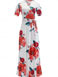 Hot Women's White Pink Red Summer Maxi Dress A Line Dress Semi Formal Outdoor Vacation Regular Fit Floral Turtleneck Women Sundresses