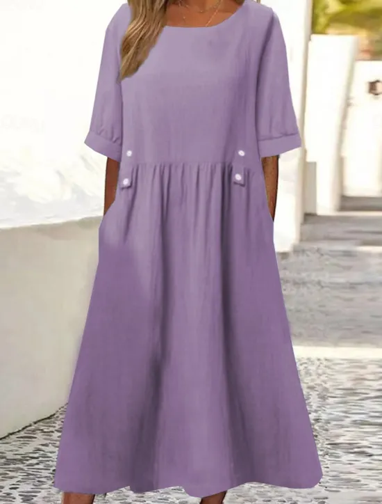 Sale Women's White Purple Green Summer Midi Dress Linen-Inspired Dresses Smock Dress Solid Basic Casual Daily Loose Fit Crew Neck Women Dresses