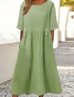 Sale Women's White Purple Green Summer Midi Dress Linen-Inspired Dresses Smock Dress Solid Basic Casual Daily Loose Fit Crew Neck Women Dresses