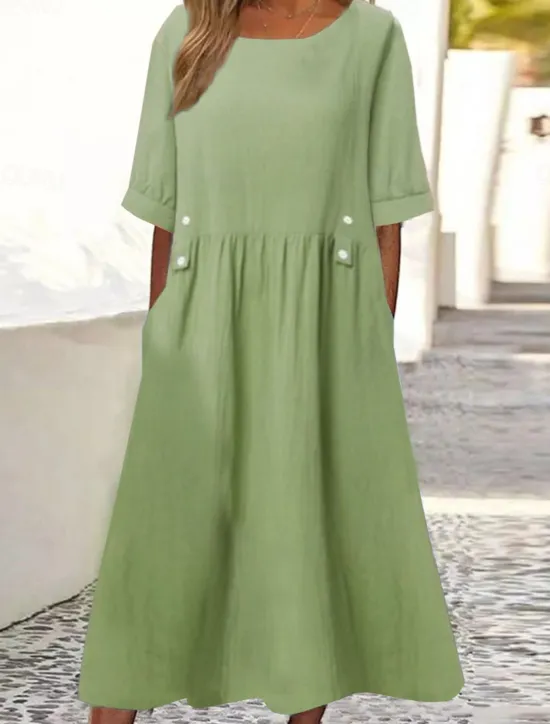 Sale Women's White Purple Green Summer Midi Dress Linen-Inspired Dresses Smock Dress Solid Basic Casual Daily Loose Fit Crew Neck Women Dresses