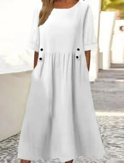Sale Women's White Purple Green Summer Midi Dress Linen-Inspired Dresses Smock Dress Solid Basic Casual Daily Loose Fit Crew Neck Women Dresses