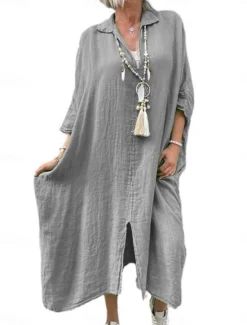 Hot Women's White Rose Red Gray Spring Fall Maxi Dress Linen-Inspired Dresses Elegant Fashion Holiday Date Loose Fit Shirt Collar Women Dresses