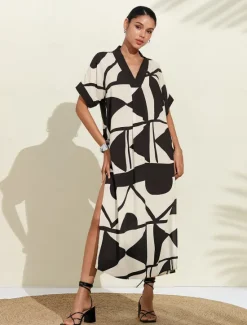 Best Women's Short Sleeve Geometric Black and Geometrical V Neck Loose Fit Double Slit Spring & Summer Spring and Summer Geometric Pattern Comfortable Loose Vacation S M L Women Casual Dress