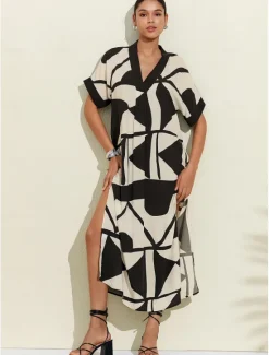Best Women's Short Sleeve Geometric Black and Geometrical V Neck Loose Fit Double Slit Spring & Summer Spring and Summer Geometric Pattern Comfortable Loose Vacation S M L Women Casual Dress