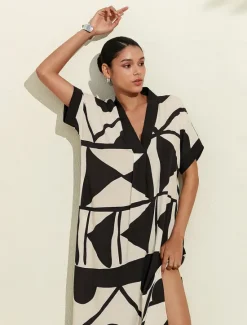 Best Women's Short Sleeve Geometric Black and Geometrical V Neck Loose Fit Double Slit Spring & Summer Spring and Summer Geometric Pattern Comfortable Loose Vacation S M L Women Casual Dress