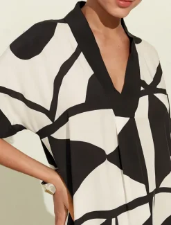 Best Women's Short Sleeve Geometric Black and Geometrical V Neck Loose Fit Double Slit Spring & Summer Spring and Summer Geometric Pattern Comfortable Loose Vacation S M L Women Casual Dress